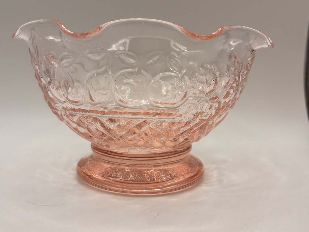 Vintage Pink Depression Glass Footed Sherbet Bowl Ruffle Rim Fruit Basket Design